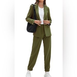 NWT Exlura Army Green Business One Button Blazer High Waisted Elastic Pants M